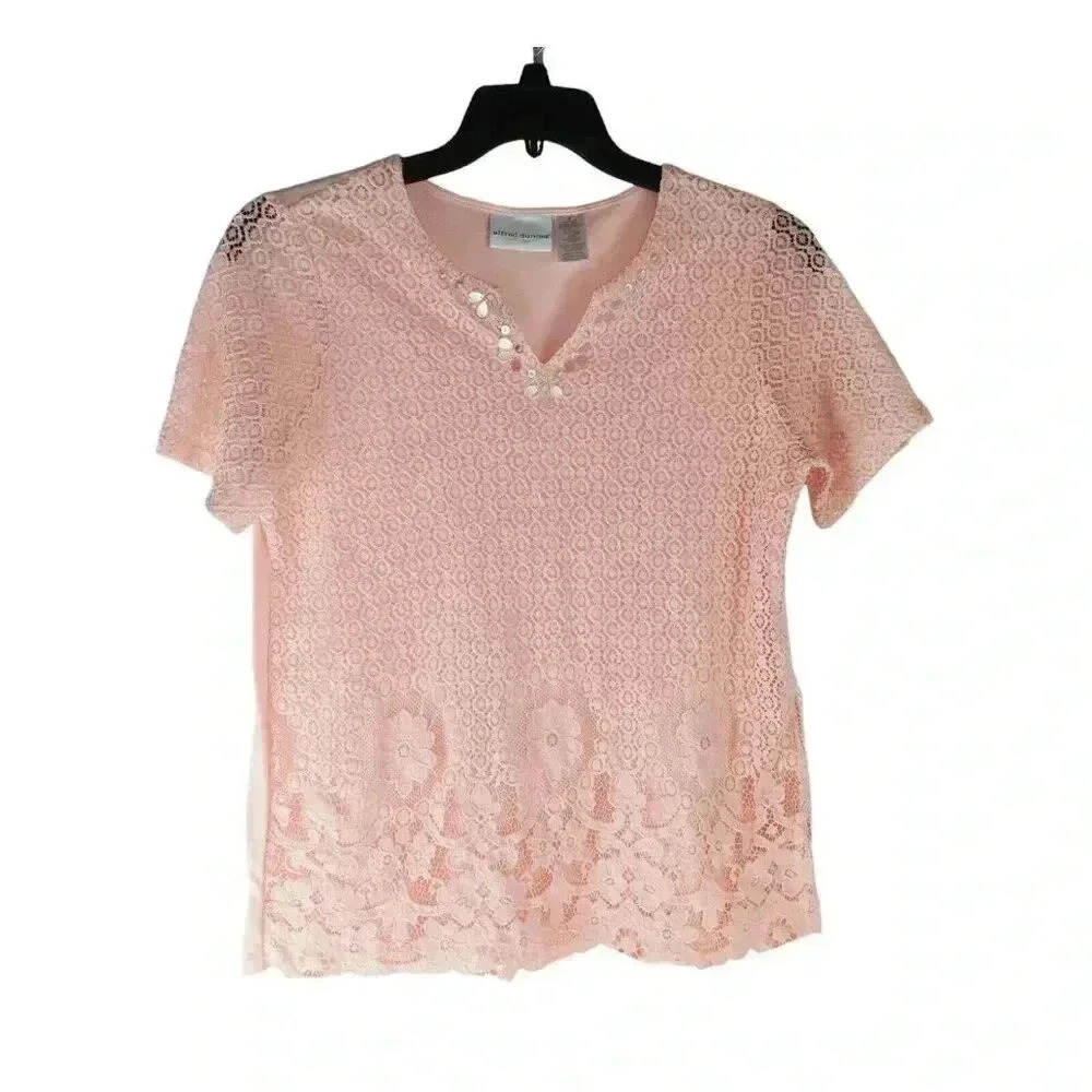 Alfred Dunner Women's Pink Coral Lace Sequins Pullover V - Neck Top sz Medium